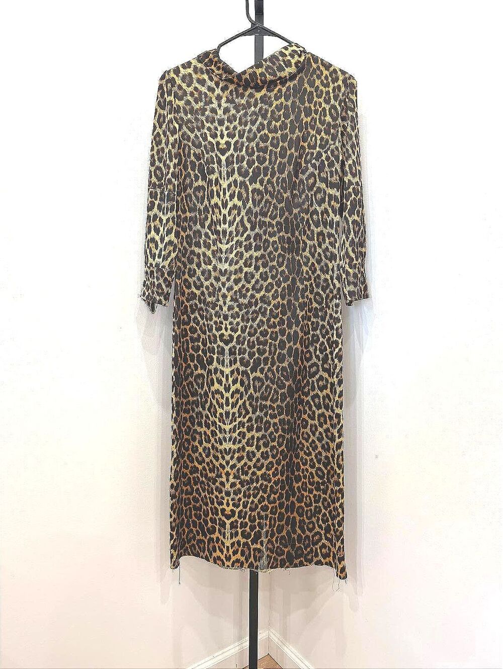 Vintage Leopard Print Long Sleeve Midi Dress 90s